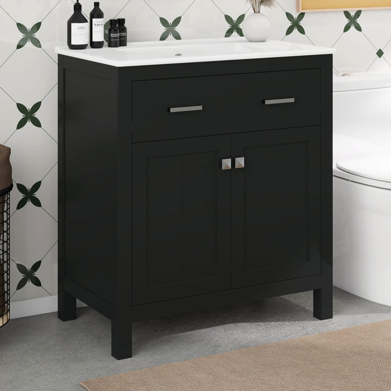 Meuble-lavabo de 30 po avec lavabo en céramique, armoire de salle de bain avec 2 portes et une tablette, portes à fermeture douce, supports de rangement pour porte