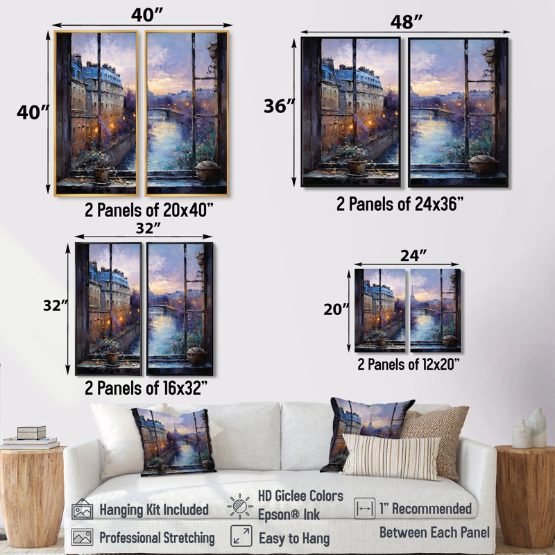 Paris Window View Sunset - Paris Large Wall Art, Black, 36" H x 48" W, Floater Framed Print