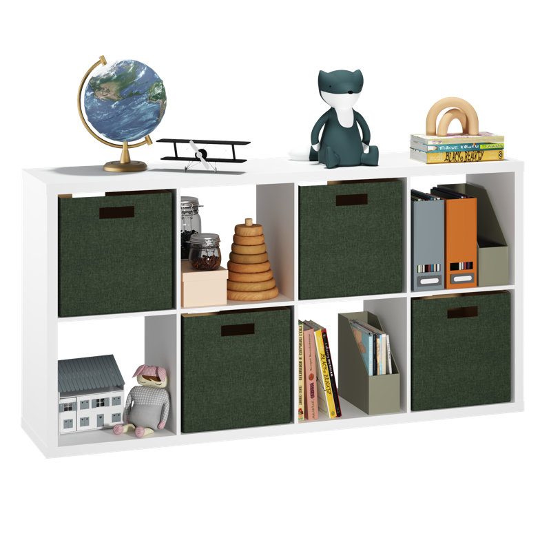 Decorative 8 Cube Bookcase With Premium Fabric Bins, White/Green