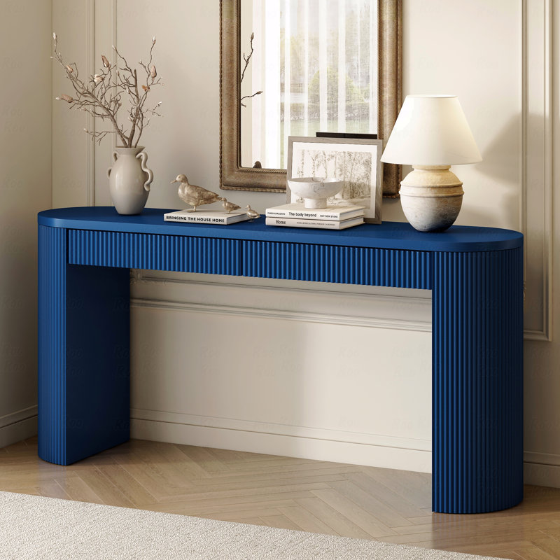 58.2" Entryway Console Table With Dual Drawers - Arched Sturdy Legs Stripe Design Pine Veneer Adjustable Feet Sofa, Blue