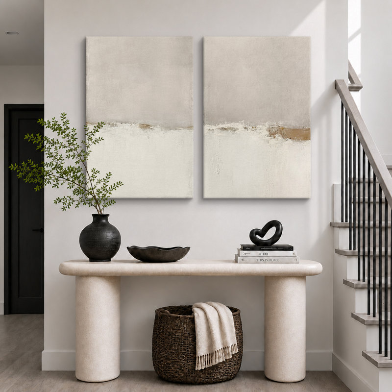 Minimal Landscape "Beige Tan Grunge Abstract Modern Artwork, Simple Minimalist Neutral Wall Pictures, Framed Canvas Giclee Print 2 Pieces Wall Art"