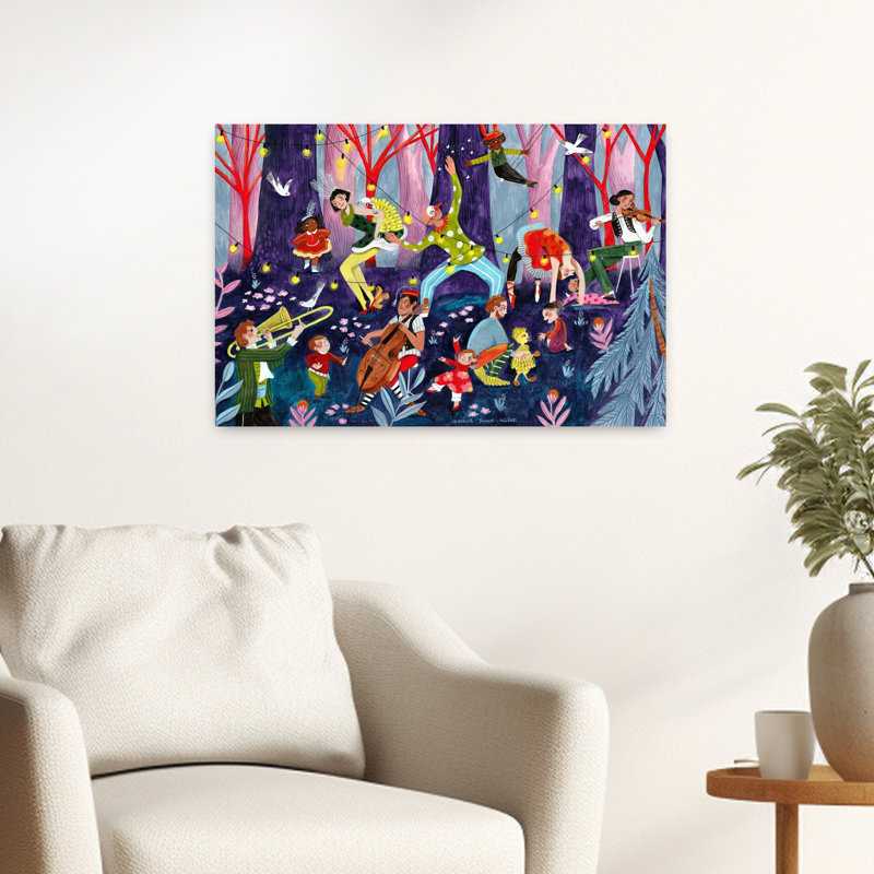 Circus Performers And Children In The Forest Abstract Contemporary Forest Landscape Wall Art 1 Piece Wrapped Canvas Wall Art