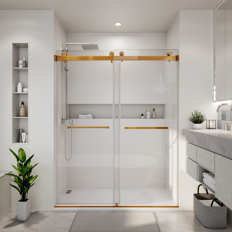 72 po X P 72 po H Double porte de douche coulissante sans cadre avec Verre trempé transparent en or brossé, Or brossé