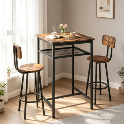 Bar Table Set with 2 Bar Stools Backrest and Partition Rustic Brown Space Saving Kitchen Counter Set for Small Dining Room