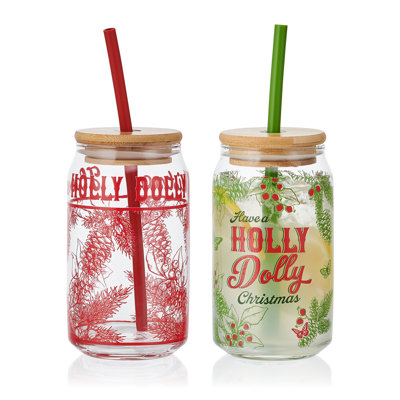Holly Dolly Set of 2 "Have a Holly Dolly Christmas" Can Glasses