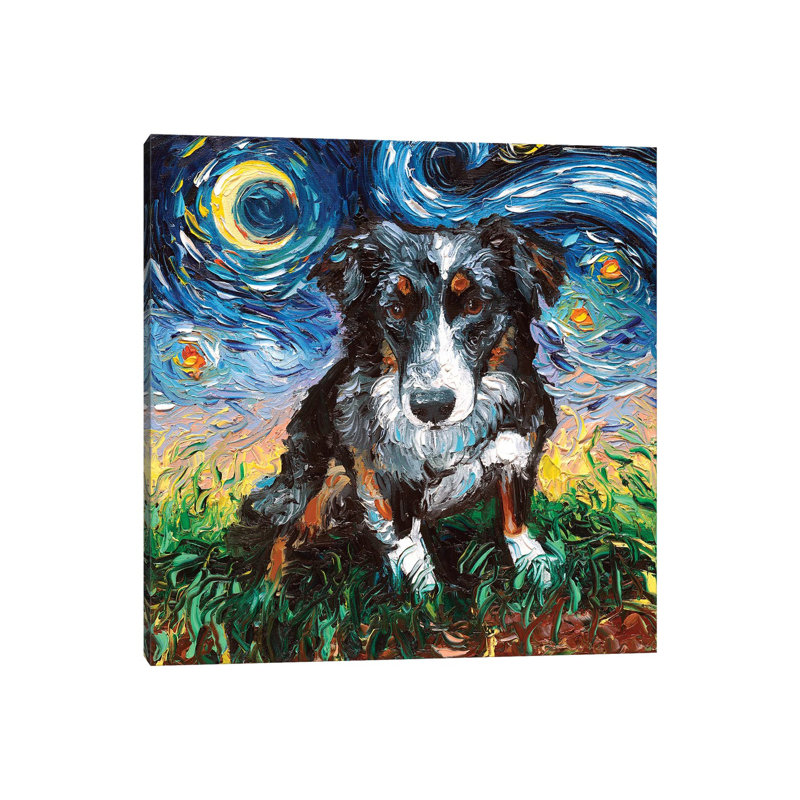 Australian Shepherd Night by Aja Trier - Wrapped Canvas Painting, 93.98 cm H x 93.98 cm W x 1.91 cm D