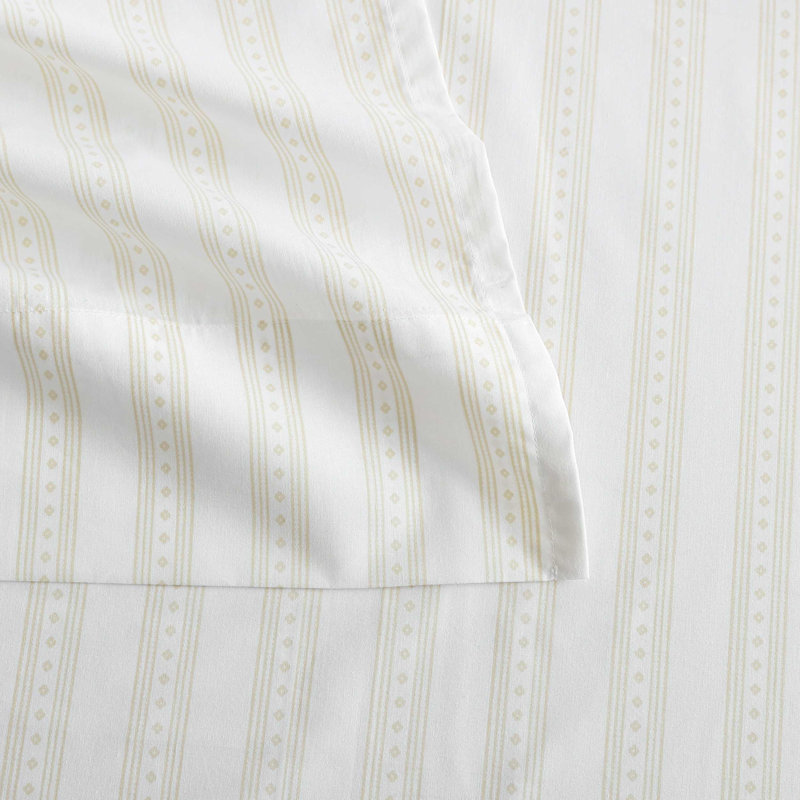 Martha Stewart Cotton Percale  Sheet Set, Queen Sheet Set with 2 Pillowcases, Francesca Stripe Beige