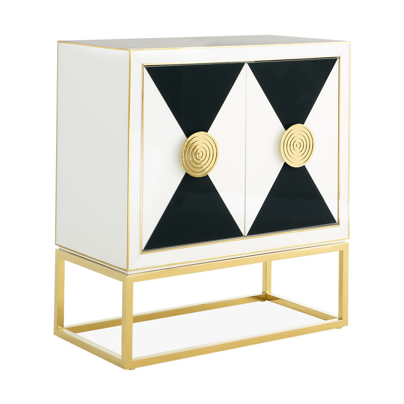 Black and White Glass Rectangle Accent Cabinet with Brass Hardware