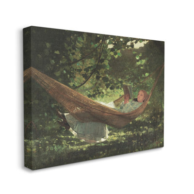 Fille lisant un livre, hamac, peinture rétro classique par lettrage et doublure - peinture rectangulaire sur toile