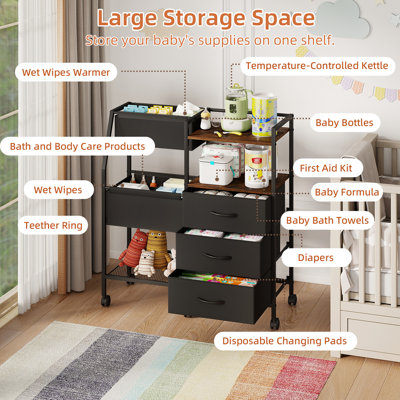 Mobile Storage Organizer with Wheels, Rolling Dresser with 3 Fabric Drawers, 2 Foldable Storage Bins & Open Shelves, Grey