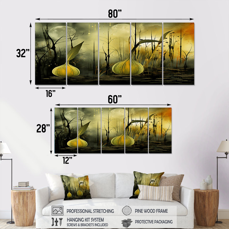 «Green Fennel Herbs Dreamscape», art mural 5 pièces, H 32 po x l 80 po