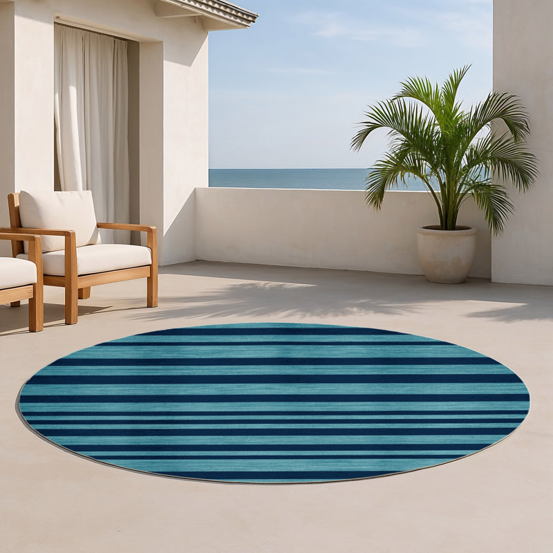 Tapis intérieur / extérieur bleu HorizontalStripes, Rond 5 pi