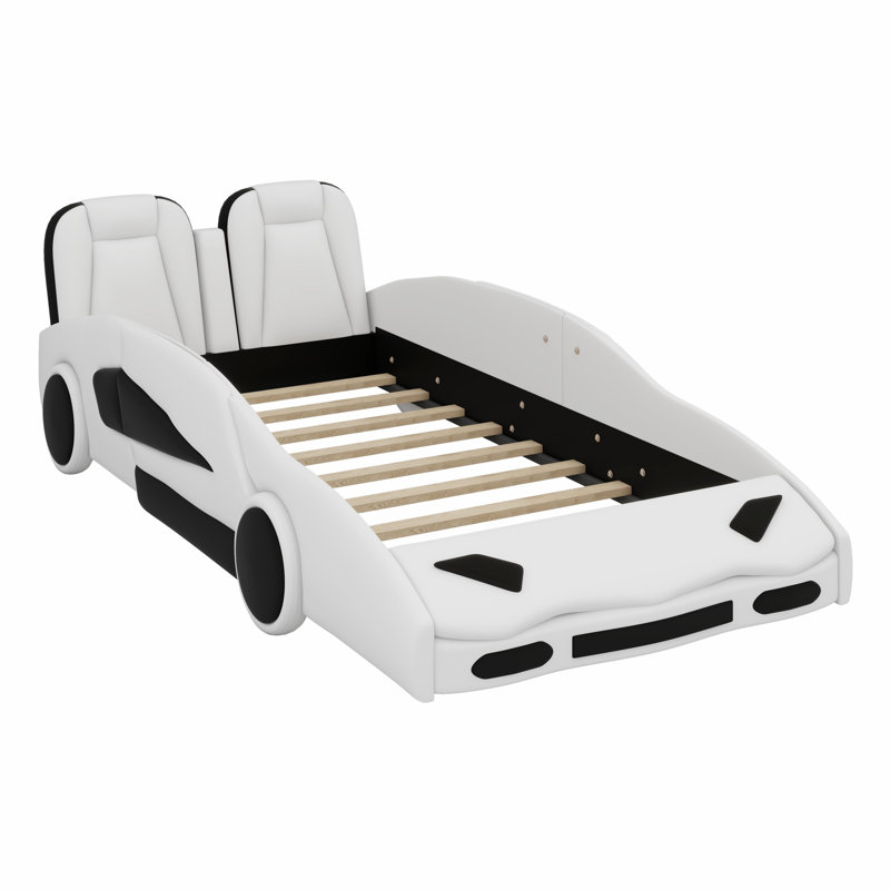 Race Car-Shaped Platform Bed With Wheels, White