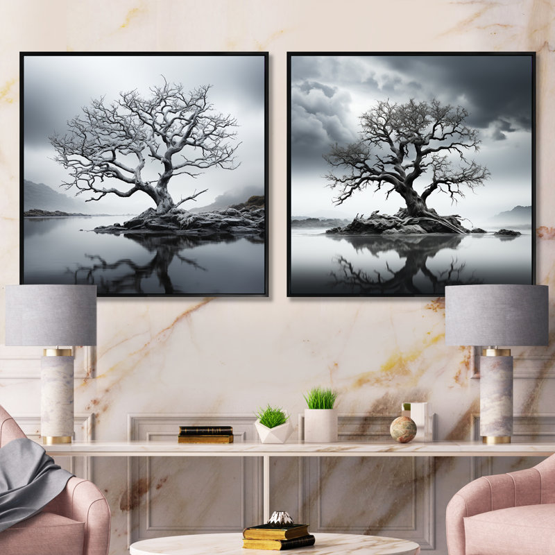 «Stormy Grays Tree Emotion», 2 pièces, Cadre noir, H 16 po x l 33 po