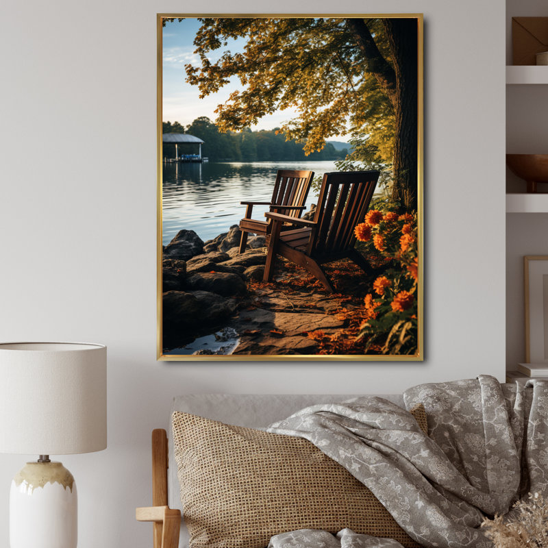 " Waterfront Benchs I ", Gold Floater Framed, 44" H x 34" W x 1.5" D
