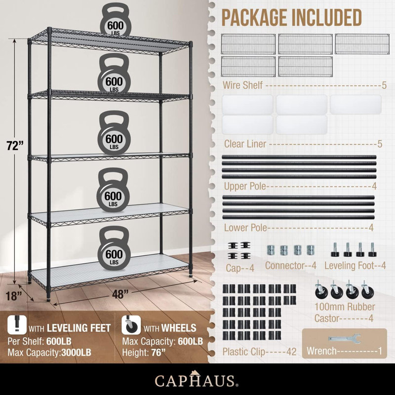 Étagère en métal robuste à 5 niveaux CAPHAUS NSF de qualité commerciale avec roues, pieds de nivellement et doublures, 48 x 18 x 76, noir