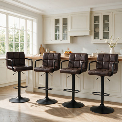 Tabouret de bar rembourré et réglable en hauteur brun clair 4 pièces avec structure en métal