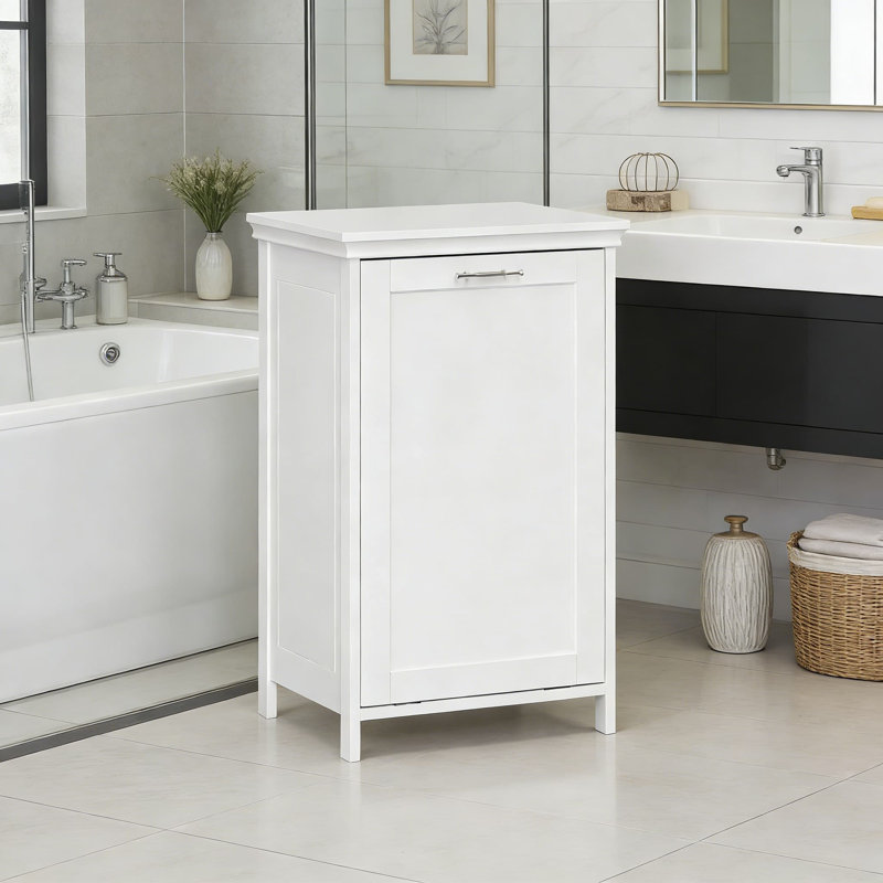 Armoire à panier à linge inclinable avec doublure lavable amovible, fabrication robuste en panneau de fibres à densité moyenne, tablette de rangement supérieure et conception murale pour le rangement organisé de la salle de lavage