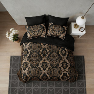 Black Comforter Set, Gold Damask Texture 7 Pieces Bed In A Bag Microfiber Comforter