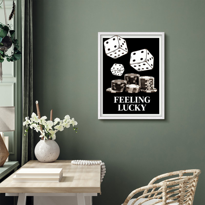 Minimal Dice and Chips Lucky Quote Framed Wall Art Prints - Dice and chips with “Feeling Lucky”, for office or game room
