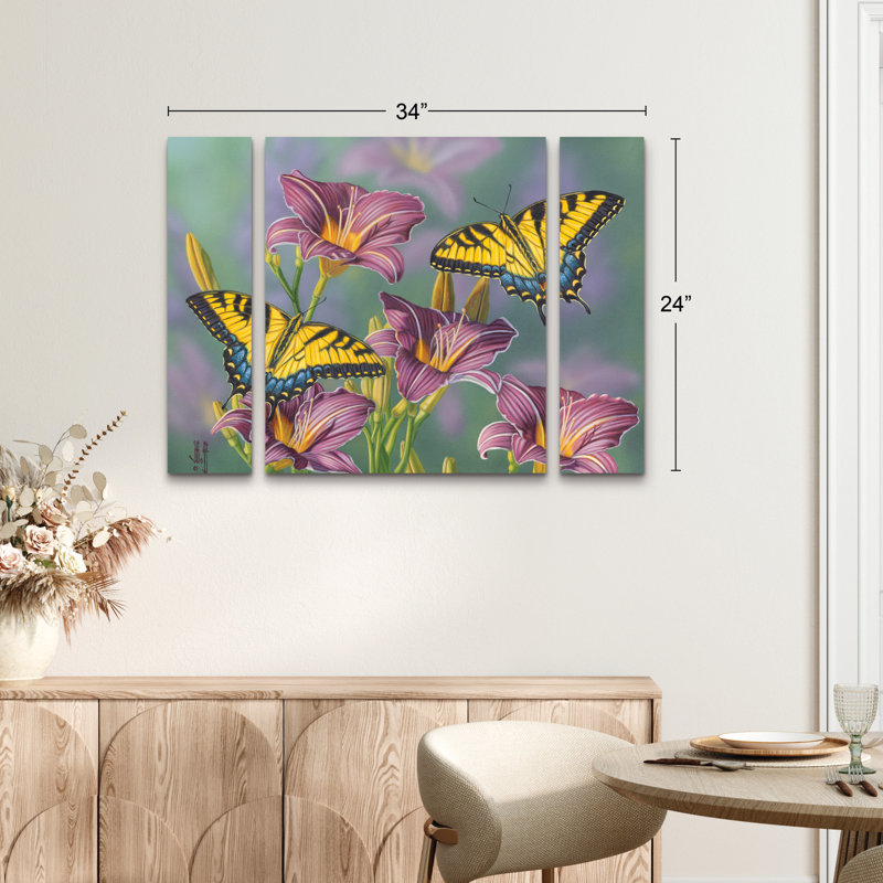 Ensemble de 3 panneaux muraux - Jeff Hoff «Tigers and Lilies», art mural sur toile pour le salon, la chambre à coucher ou le bureau 