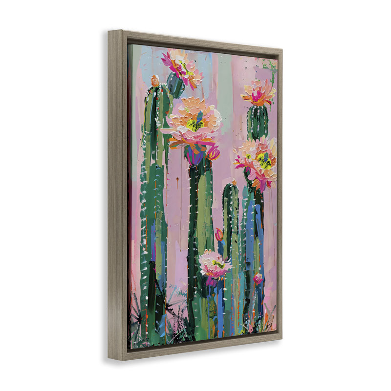 Fleurs vibrantes de cactus sur cadre flottant rose, design par LSR Design Studio, H 25 po x l 17 po