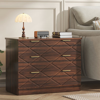 Large Modern Nightstand, 32" Wide Side Table With 3 Storage Drawers, Walnut Night Stand With Carved Diamond Design, Bedside End Table For Bedroom, Living Room, Closet
