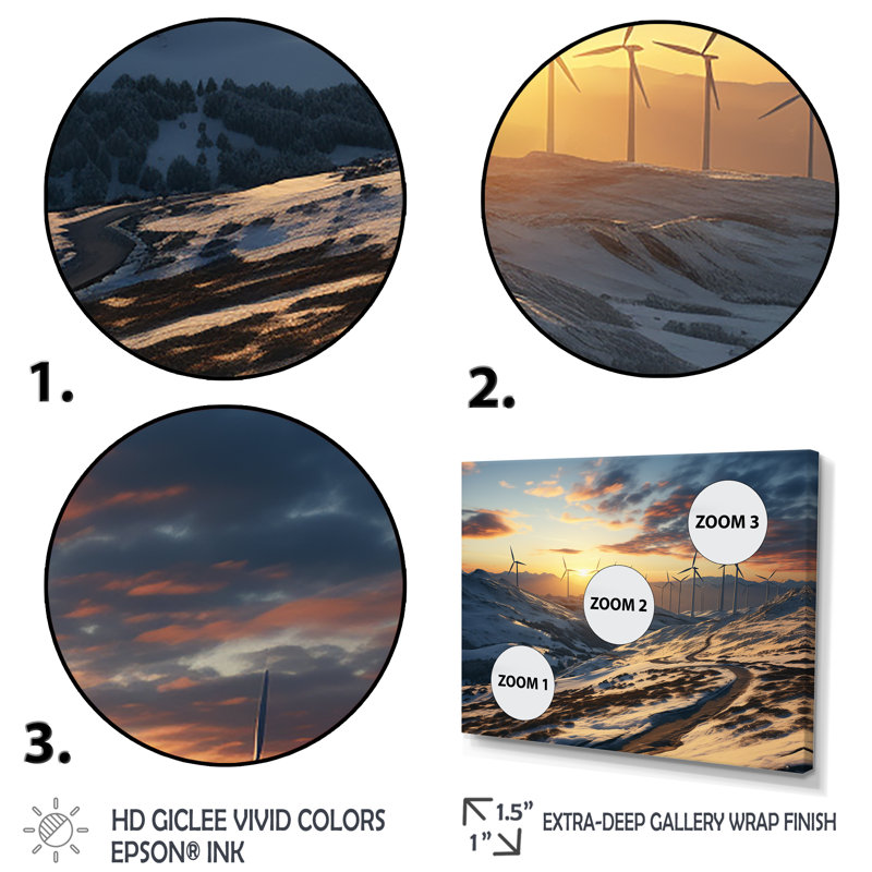 «Sunset Wind Turbines Mountain View III - Wind Turbines», art mural, Cadre flottant brun, H 12 po x l 20 po x P 1 po