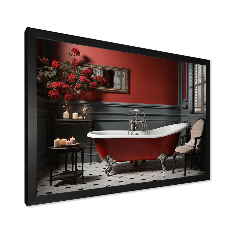 " Red Modern Bathroom Charm III ", 12" H x 20" W x 1" D, Black Single Picture Framed