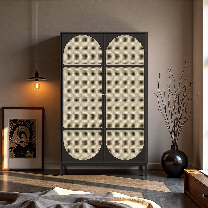 A tradition-style solid wood rattan wardrobe, Black