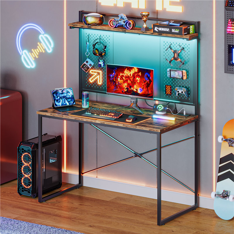 39''W LED Gaming Desk with Hutch and Pegboard, Computer Home Office desks with Power outlet and Shelf, Yellow/Wood