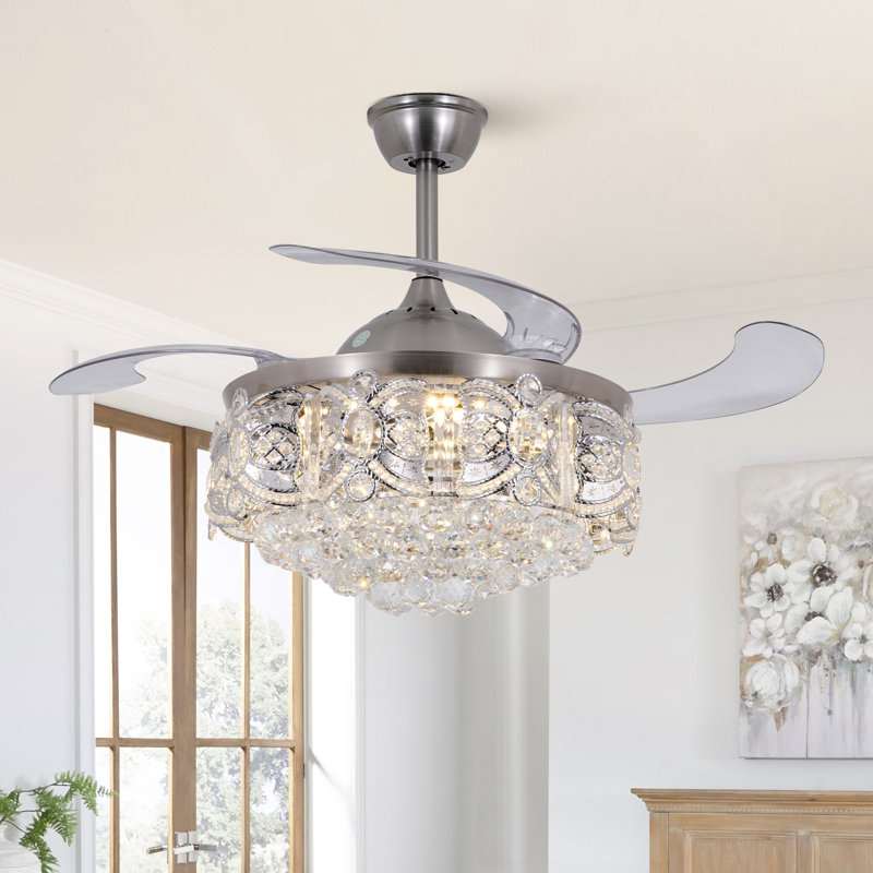 Dreux Crystal Ceiling Fan Indoor with Light Remote Control Modern, Chrome, 43.3" x 19.7"