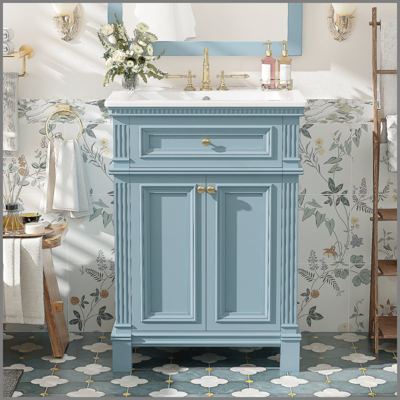 Armoire de salle de bain 24 po avec portes à fermeture douce et tablette réglable, meuble-lavabo avec lavabo en céramique