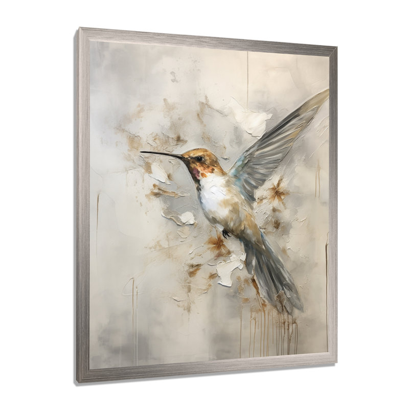 Colibri floral flottant II - Art mural colibri, H 32 po x l 24 po x P 1 po, Cadre photo argenté