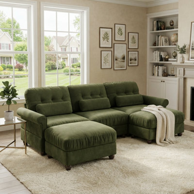 3-Piece Chenille Living Room Set with 3-Seat Sofa, 2 Ottomans, Rolled Arms and Pocket Spring Cushions, Olive Green