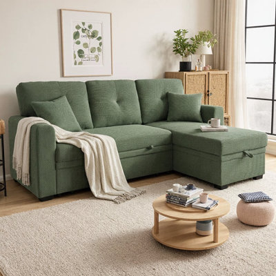 L-Shaped Sectional Sofa Bed with Pull-Out Bed, Reversible Chaise & Hidden Storage, Breathable Polyester Fabric Sleeper Sofa, Space-Saving Convertible Couch for Living Room
