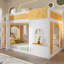 Lit superposé simple au-dessus de simple avec tablettes de rangement, fenêtre et deux portes - Lit pour enfant peu encombrant, blanc et naturel-998984233