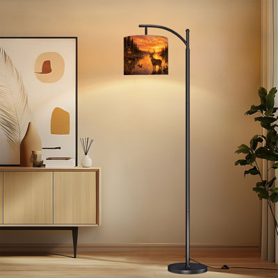Lampe sur pied à arc avec abat-jour réglable cerf animal faune sauvage rustique lac chalet sur pied coucher de soleil sur pied 3 températures de couleur à intensité variable grand poteau avec interrupteur au pied pour la chambre à coucher