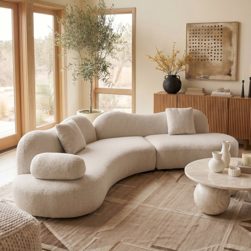 128” Modern Curved Sofa Couch,5-Seater Oversized Modular Sectional Couch Upholstery Boucle Sofas with Pillows, Beige Boucle