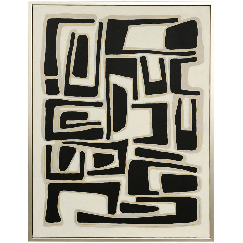 Neutral Abstract Black and Beige Canvas Painting with Acrylic Frame
