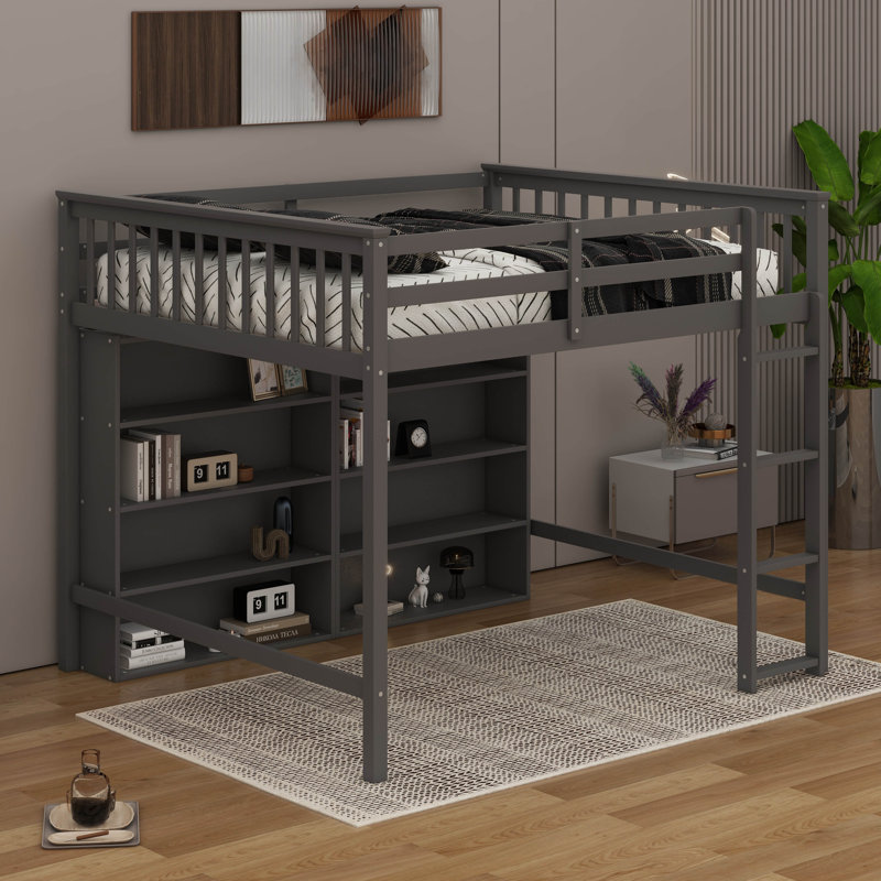 Solid Wood Loft Bed With 8 Open Storage Shelves, Full Size Loft Bed Built-In Ladder And Full-Length Guardrails, Gray