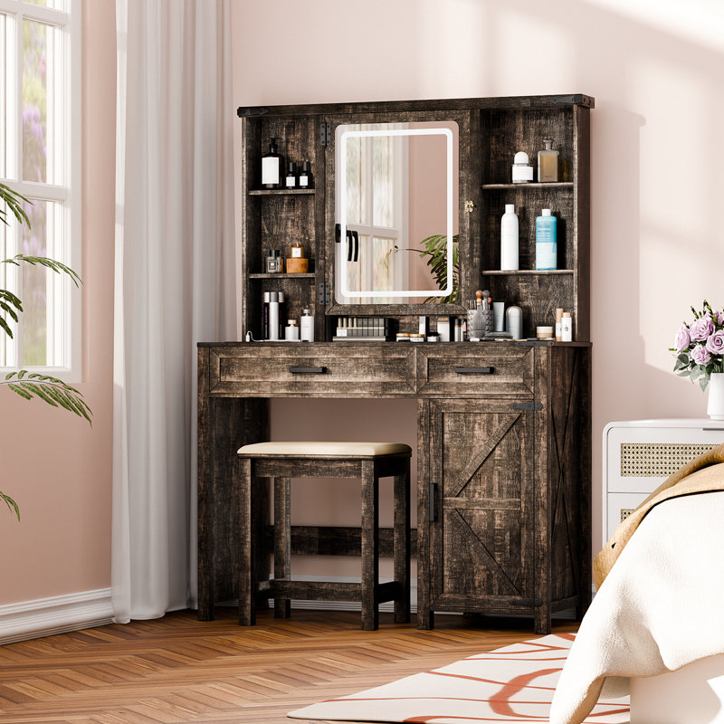 Table de coiffeuse moderne avec miroir pour chambre à coucher, Brun