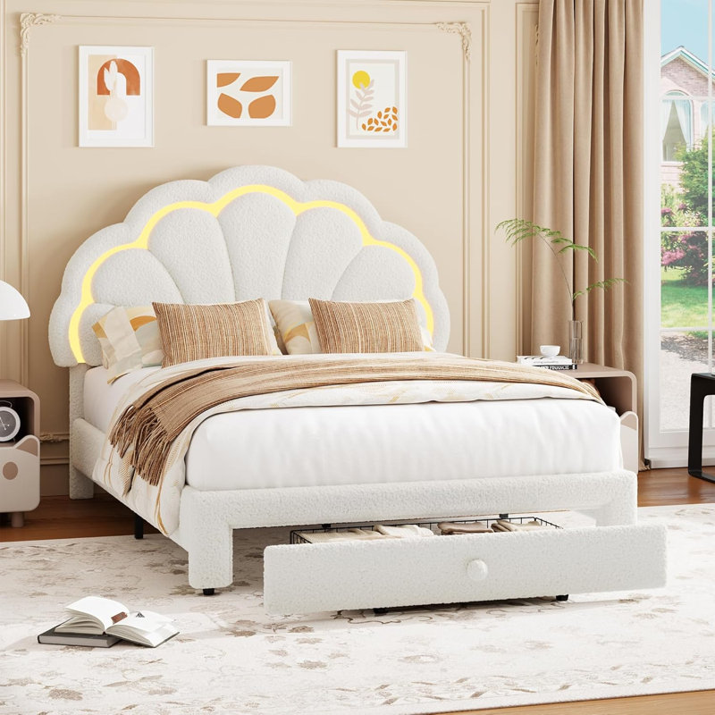 Structure de lit double tapissier à DEL avec tiroir de rangement et tête de lit chic ajustable, lit plateforme en molleton berbère pour enfants, support en bois, aucun sommier nécessaire, assemblage facile, beige