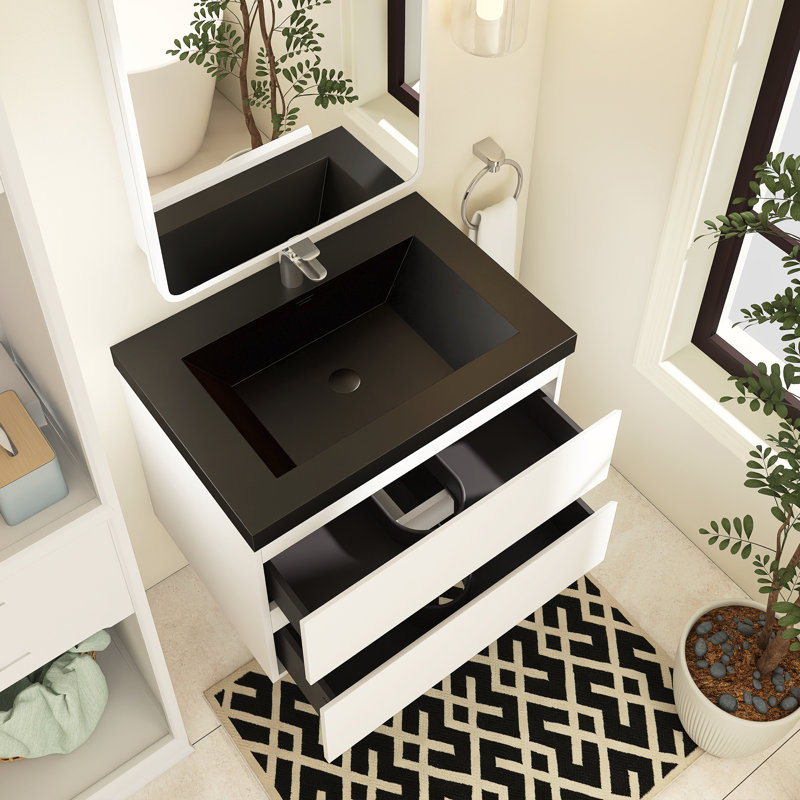 Angela 30-Inch Floating Bathroom Vanity In Grey Oak With Matte Black Quartz Top, White