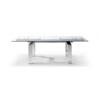  63" Clear and Silver Glass and Stainless Steel Self-Storing Leaf Dining Table