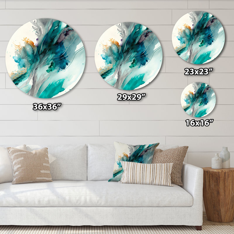 Célébrations aux nuances de turquoise V - Art abstrait rond en métal, H 29 po x l 29 po