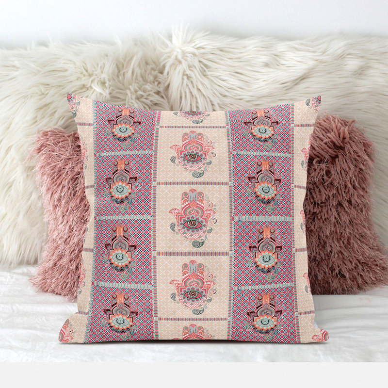 Housse et insert de coussin carré en polyester intérieur / extérieur, Beige / Rouge, 16 po x 16 po