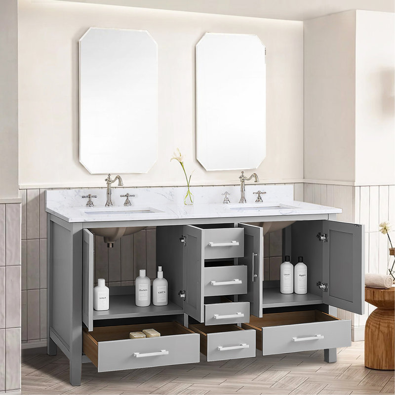 Meuble-lavabo 60 po, meuble-lavabo à cadre en bois massif, comptoir autoportant avec double cuve gris, Gris