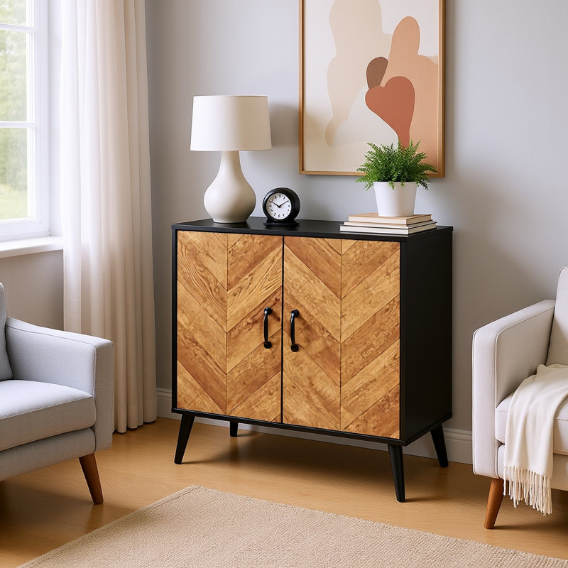 Modern Herringbone Accent Cabinet with Adjustable Shelf & Frame, 2-Door Storage for Living Room