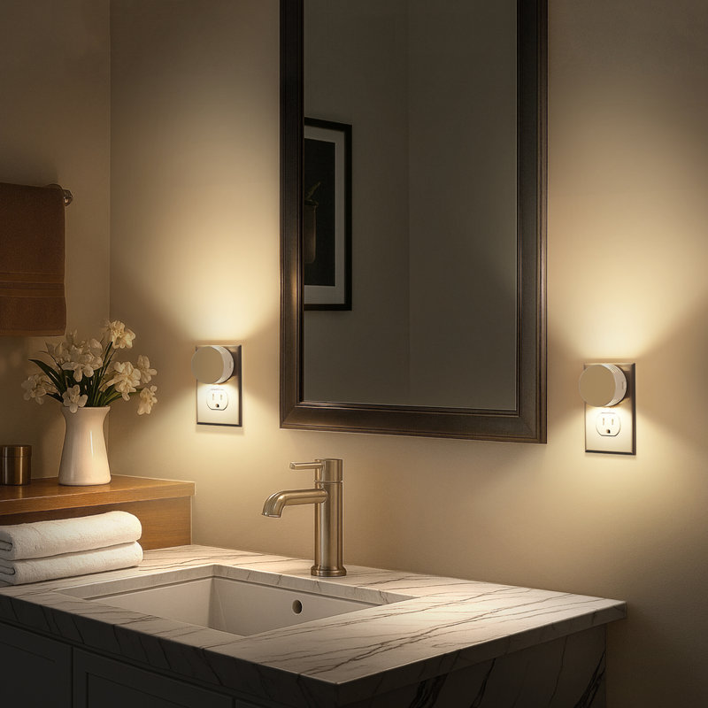 Plug In Night Lights, 3000K, Round, 3-Level Dimmer, White, Light Sensor